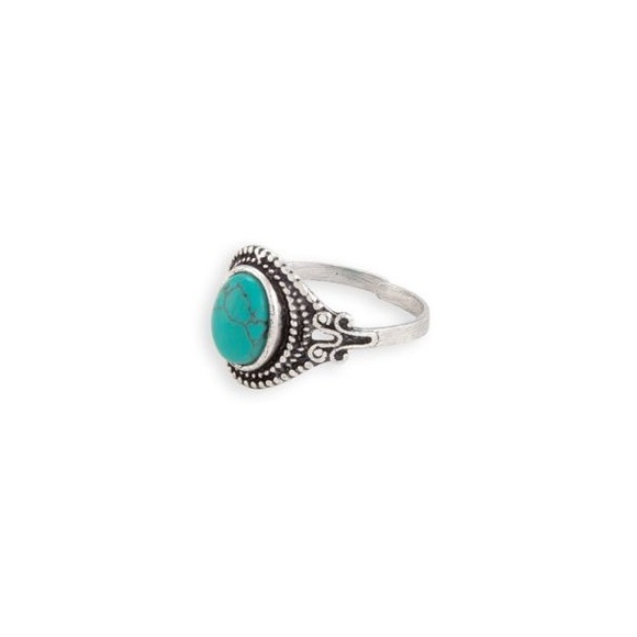 One size silver toned brass adjustable Faux Turquoise ring Boho Western Chic - Picture 2 of 4